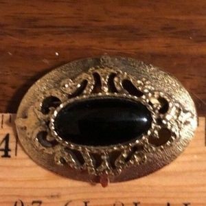 GOLD TONE and black onyx ton, filigree Brooch